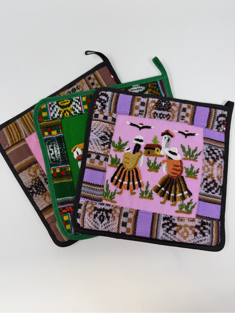 Handmade Peruvian Textile Potholders Set of 3 Embroidered